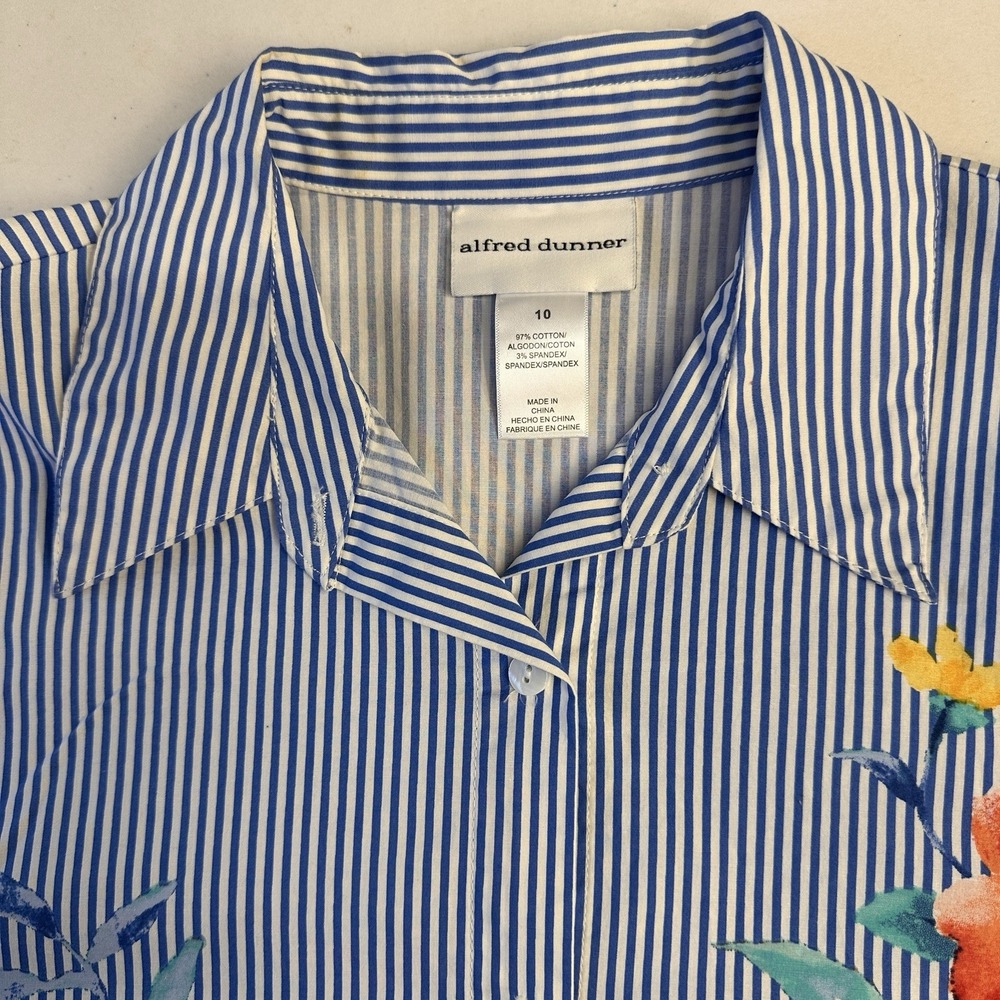 Alfred Dunner Floral Stripe Button Down Shirt Size 10 Blue Cotton Blouse Casual - Picture 11 of 13